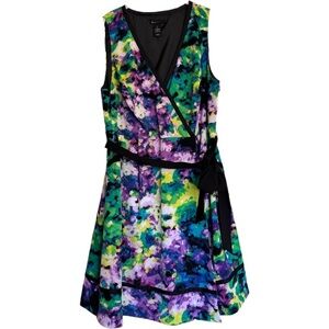 Lane Bryant Dress Size 18 Black Wrap Belted Art Watercolor Purple Green